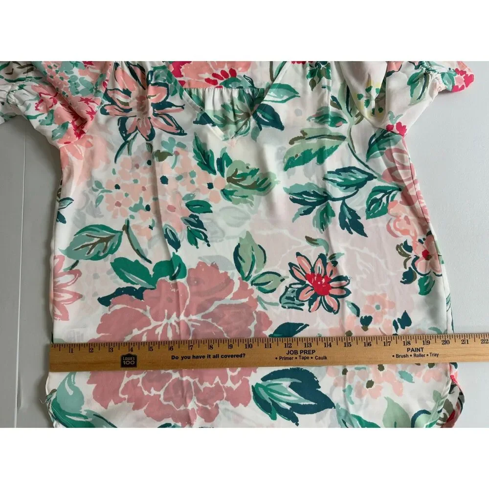 Loft Multicolor Floral Flutter V-Neck Short Sleeve Blouse Polyester Women's XS